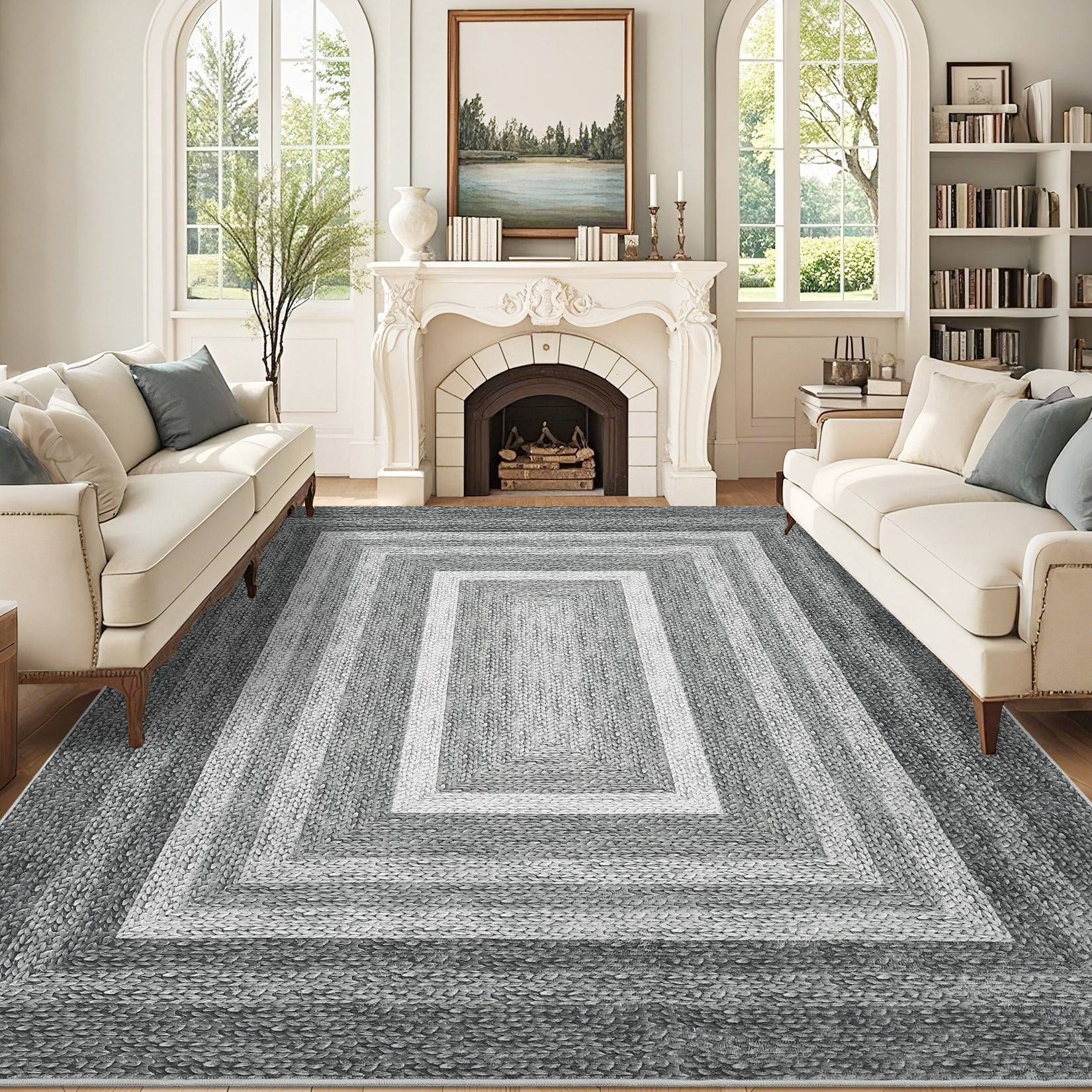 HOMERRY Washable Throw Rug for Living Room 6' x 9' Braided Print Modern Bordered Soft Non-Slip Indoor Carpet, Gray