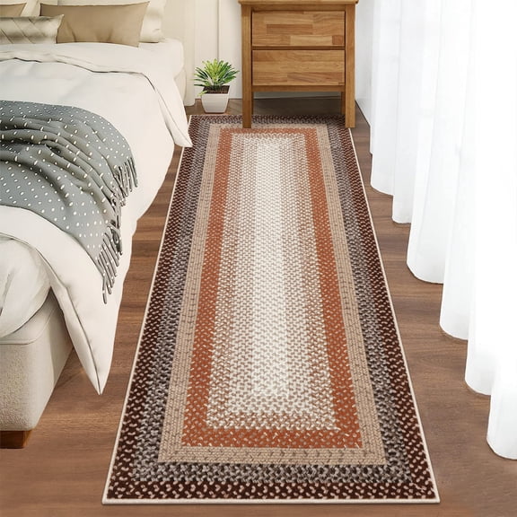 Hasoo Braided Texture Bordered 2' x 6' Runner for Hallway Enterway Non Slip Bedside Throw Carpet, Green Pink