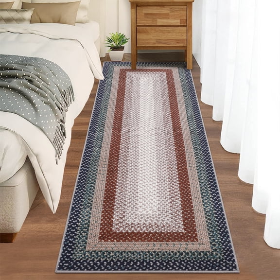 Hasoo Braided Texture Bordered 2' x 6' Runner for Hallway Enterway Non Slip Bedside Throw Carpet, Green Pink