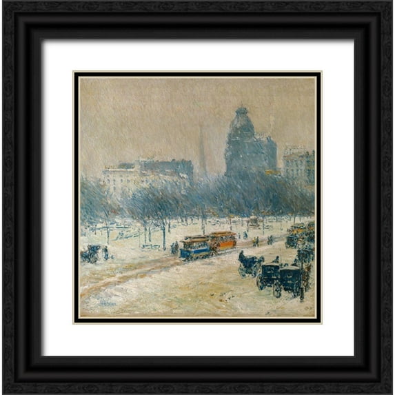Hassam, Childe 20x20 Black Ornate Wood Framed with Double Matting Museum Art Print Titled - Winter in Union Square
