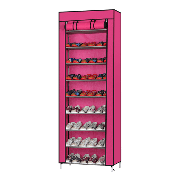 Hassch 10-Tier Shoe Rack with Cover and Side Pockets for Hallway Entryway, Rose Red