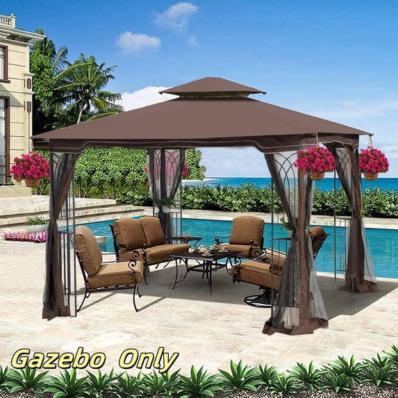 Hassch 10x10ft Gazebo, Outdoor Canopy Shelter, Sun Shade with Roof and Mosquito Net, Pavilion for Lawn, Garden, Deck, Backyard, Brown