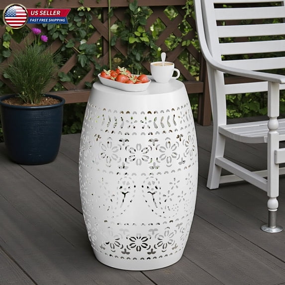 Hassch 12.2" Dia Round Metal Accent Table, Floral Cut-Out Drum Side Table, Powder-Coated Iron All-Weather Patio End Table, White