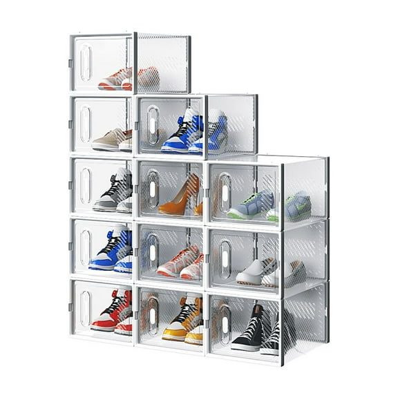 Hassch 12 Pack Medium Shoe Storage Boxes, Shoe Organizer for Closet, Stackable Shoe Display Case, Sneaker Storage Bin with Door for Small Space, White
