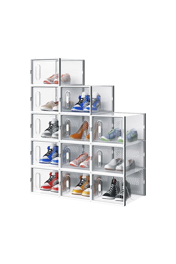 12 Pack Medium Shoe Storage Boxes, Shoe Organizer for Closet, Stackable Shoe Display Case, Sneaker Storage Bin with Door for Small Space, White