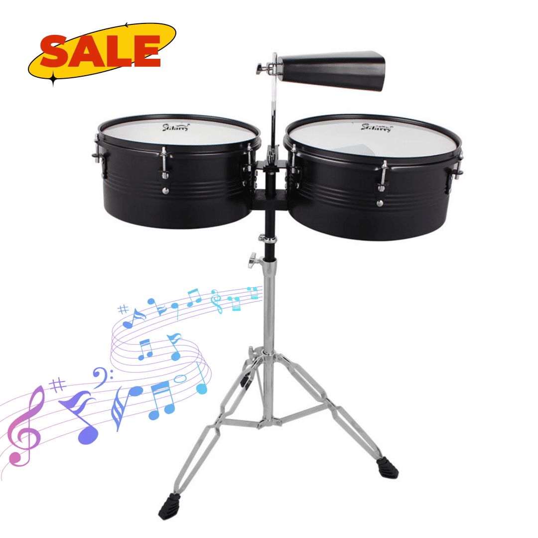 Hassch 13" & 14" Timbales Drum Set with Stand and Cowbell for Beginners, Black