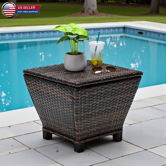 Hassch 13-Gallon Wicker Side Table with Storage, Outdoor PE Rattan Trapezoid Patio Table with Lift Lid, Sturdy Steel Frame, Brown