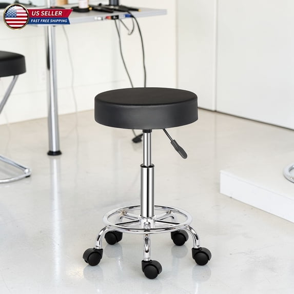 Hassch 13-Inch Round Rolling Stool with Wheels, 360° Swivel Backless Chair w/ Padded Seat and Chrome Plated Base, for Massage, Salon, Bar, Home, Office, Black