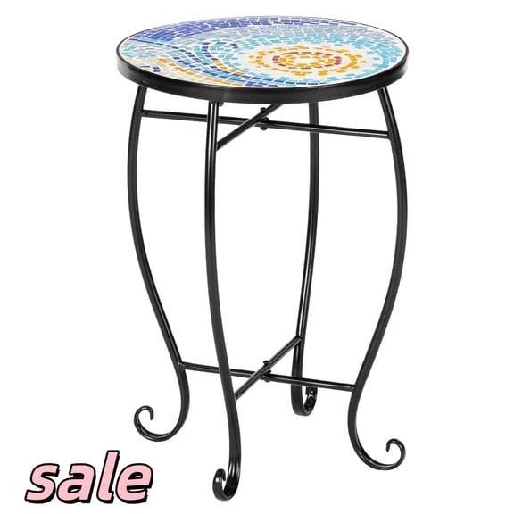 Hassch 14" Round End Table, Outdoor Side Table with Metal Frame for Porch Patio Balcony, Blue Hawaii