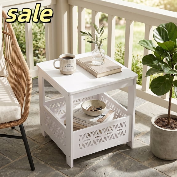 Hassch 15.5" Square Outdoor End Table, Patio Side Table with Storage for Backyard Pool Porch Garden, Saving Space, White