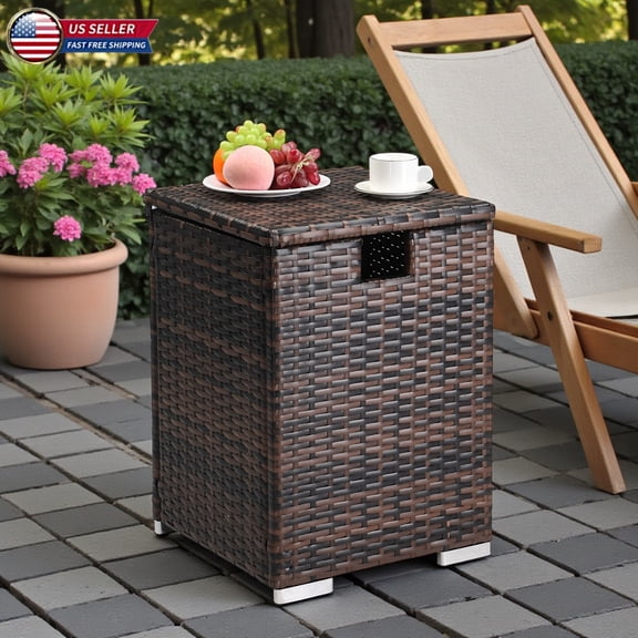 Hassch 15.75" Square Flip-Top Propane Tank Storage Side Table, PE Rattan & Iron Gas Bottle Conceal Table, Indoor Outdoor Patio Accent Table, Brown