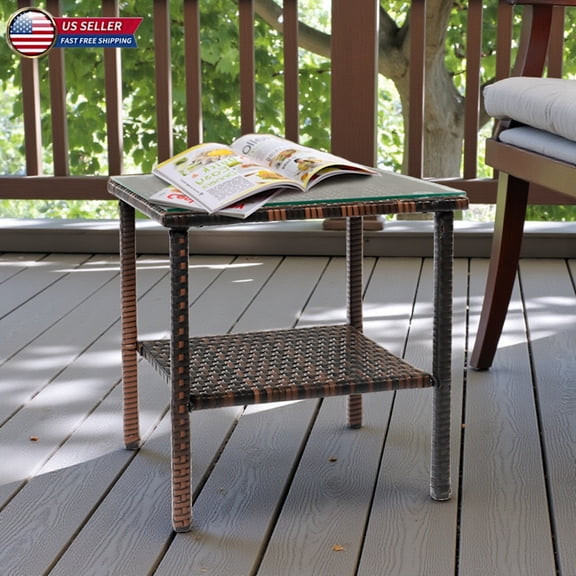 Hassch 17.52" Square Patio Side Table, Outdoor Weather-Resistant Wicker Accent Table with Lower Shelf, Clear Glass Top and Steel Frame, Brown