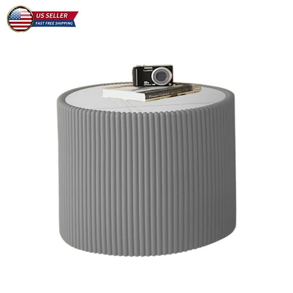 Hassch 17.7" Cylindrical End Table w/ White Marble Top & Gray PU Leather Wrapped Frame, Elegant Round Accent Table for Living Room or Small Space