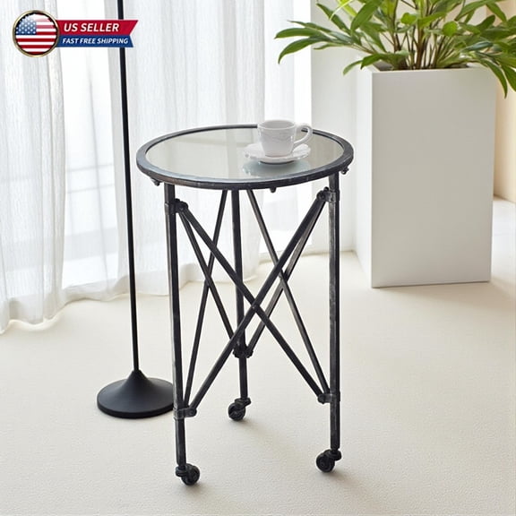 Hassch 17" Rolling Round Side Table with Mirror Top and Distressed Black Metal Frame, Mobile Accent Table on Casters for Living Room, Bedroom, or Entryway