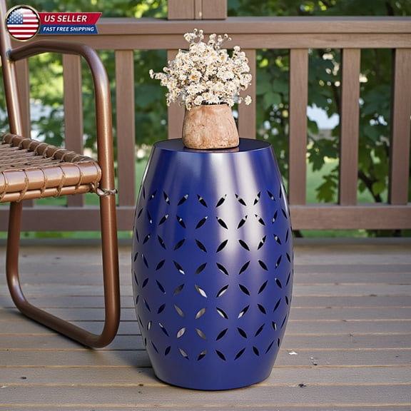 Hassch 18"H Metal Drum Side Table with Hollow Floral Cut-Out, Round Powder-Coated Iron Patio End Table, All-Weather Indoor Outdoor Accent Table for Living Room Garden Balcony, Blue