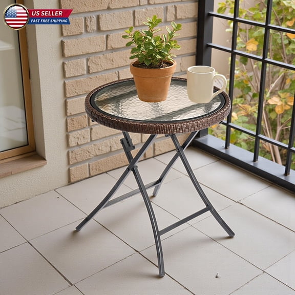 Hassch 19" Folding Round Outdoor Side Table, Tempered Glass Top Patio End Table with Rust-Resistant Metal Legs & Wicker Rim, Portable No-Assembly Table for Poolside Garden, Brown and Black