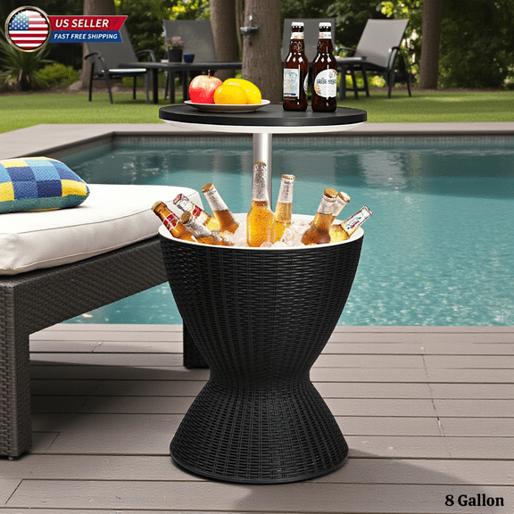 Hassch 19" Round All-Weather End Table, 8 Gallon Pop-Up Outdoor Cooler with 165LBS Weight Capacity, Insulated Patio Drink Table for Poolside Party, Black