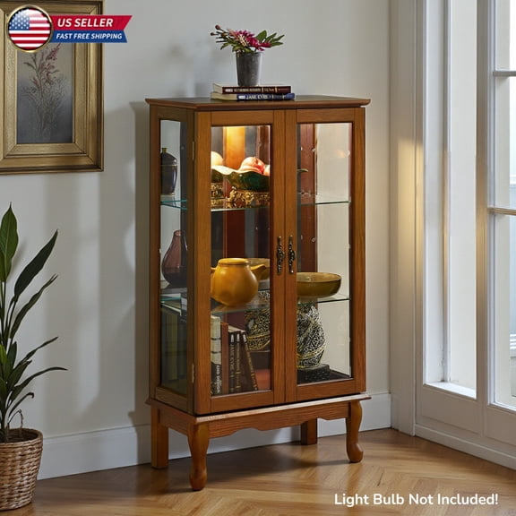 Hassch 2-Door Glass Display Cabinet for Collectibles, 26"W Curio Storage Cabinet with Tempered Glass Shelves, Mirrored Back Panel, Small Space Organizer for Living/Dining Room or Entryway (Oak)