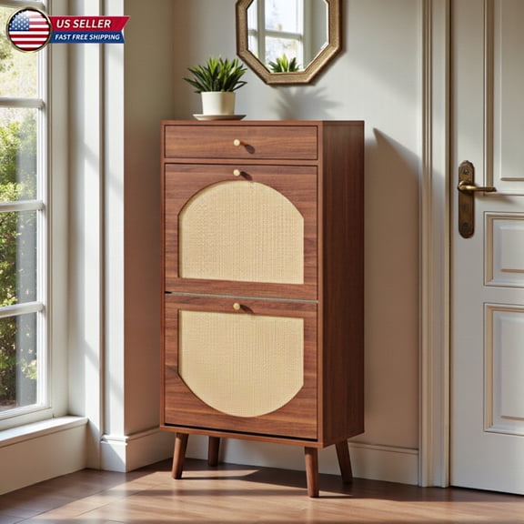 Hassch 2 Flip Drawers Shoe Storage Cabinet, Entryway Narrow Shoes Organizer Cabinet for Front Door Entrance, Hidden Wooden Hallway Shoe Rack (Brown)