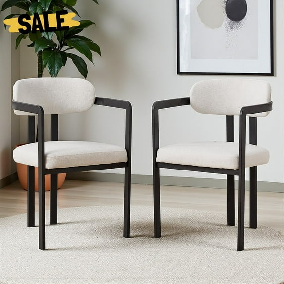 Hassch 2-Pack Modern Accent Dining Chairs, Beige Linen Fabric Upholstered Armchairs with Ergonomic Back, Comfortable Padded Seat, Matte Black Metal Legs