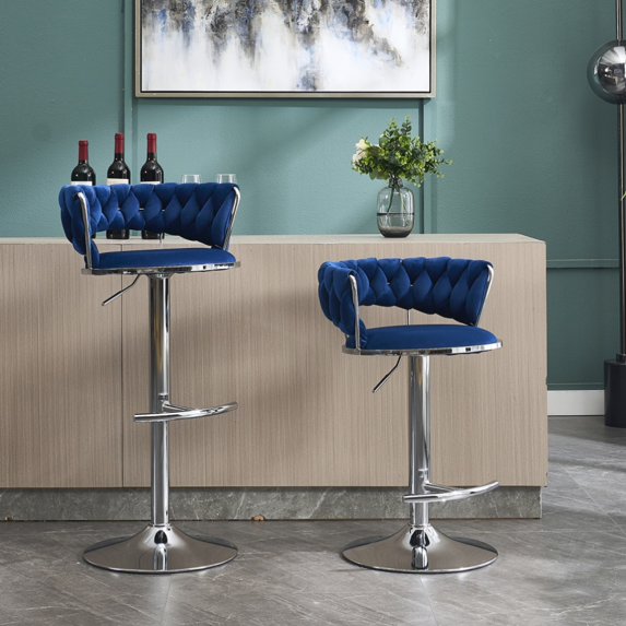 Hassch 2 Pack Swivel Bar Stools, 30.1" - 38.1" Height Adjustable Upholstered Bar Chair, Velvet Fabric Island Barstool for Small Space, Blue