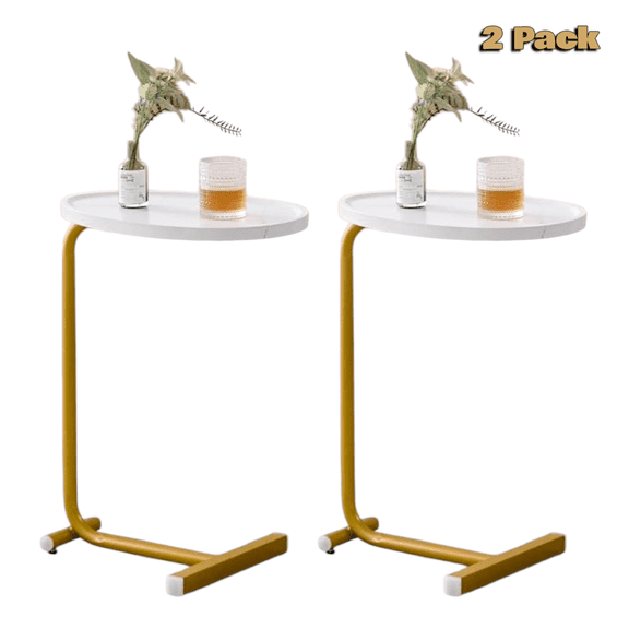 Hassch 2-Piece C-Shaped Side Tables Set with MDF Top and Metal Frame, Compact Sofa End Tables for Living Room, Bedroom, or Small Spaces, White+Gold