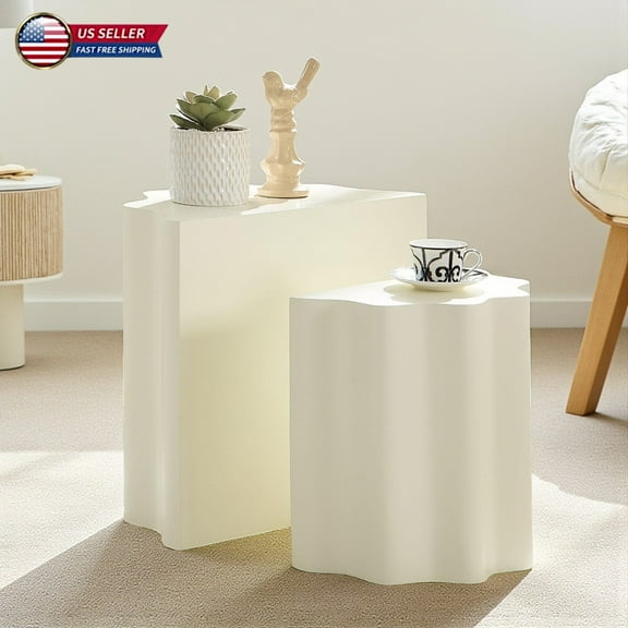 Hassch 2-Piece Modern Side Tables Set, Wavy Edge Fiberglass End Tables in Beige, No Assembly Accent Tables for Living Room, Bedroom, Office, Home Decor