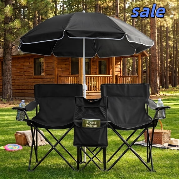 Hassch 2-Seat Folding Beach Chair with Umbrella, Camping Chair with Iron Frame, Cooler Bag, Cup Holders, Side Pocket, Black