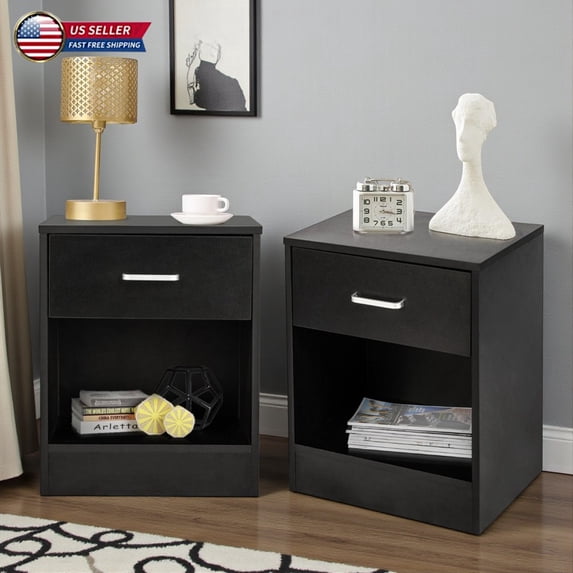 Hassch 2-Tier Black Nightstands (2 Pack), Compact Bedside Table with Top Drawer & Open Shelf, Durable Density Board, Easy Assembly for Small Spaces (15.8"L x 11.8"W x 19.7"H)