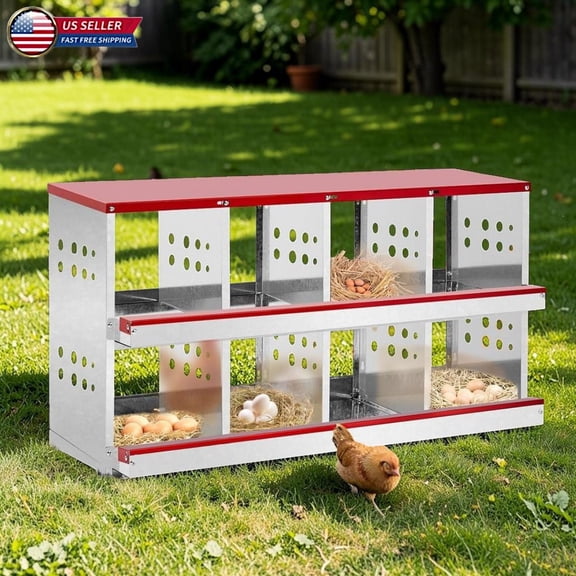 Hassch 2-Tier Chicken Nesting Boxes, 8-Slot Iron Hen Laying Box with Slant Roof & Side Ventilated Holes, 43.89"W Poultry Nest Box for Chickens & Ducks, Red