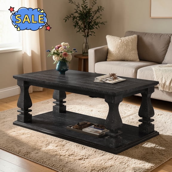 Hassch 2-Tier Coffee Table, 47.2" Rectangle Cocktail Table, Center Table for Living Room, Easy Assembly, Antique Black