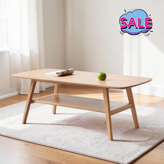 Hassch 2-Tier Coffee Table, 47.2" Solid Wood Cocktail Table with Storage Shelf, Center Table for Living Room, Oak