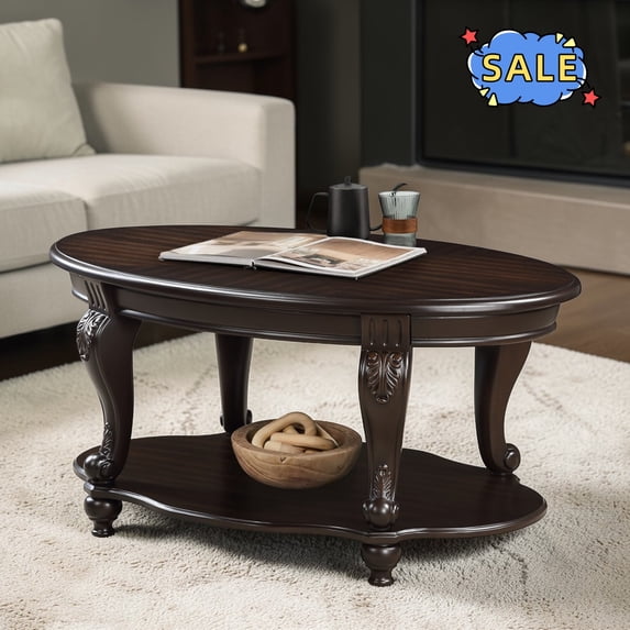Hassch 2-Tier Coffee Table with Storage Shelf, 42" Center Table for Living Room, Espresso