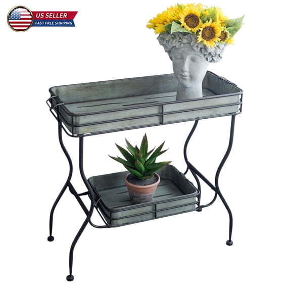 Hassch 2-Tier Galvanized Iron Tray Table with Handles, Antique Gray Accent Diaplay Table for Industrial, Farmhouse, or Shabby-Chic Decor, 32"L x 15"W x 31"H