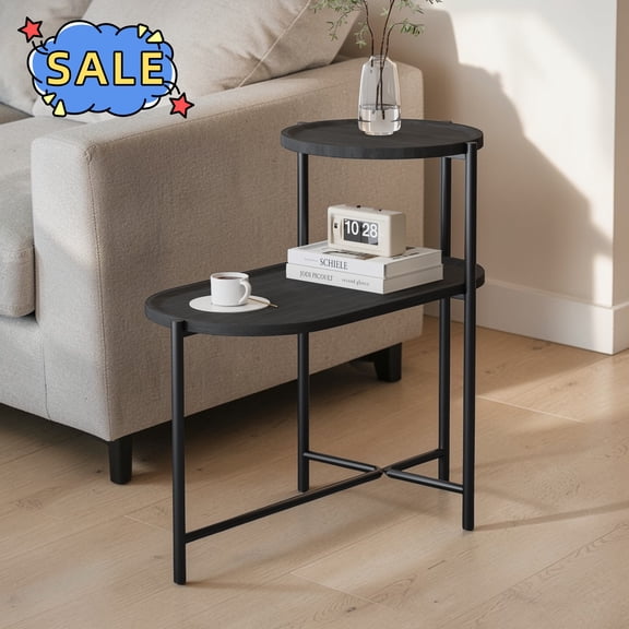 Hassch 2-Tier Oval Side Table with Tray Top, End Table with Metal Frame for Small Space, Living Room, Black