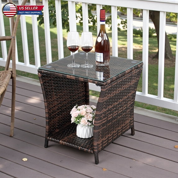 Hassch 2-Tier Rattan Side Table in Brown, Sturdy Iron Frame with Clear Tempered Glass Top, All-Weather Accent Table for Patio/Deck/Bedroom/Office/Living Room