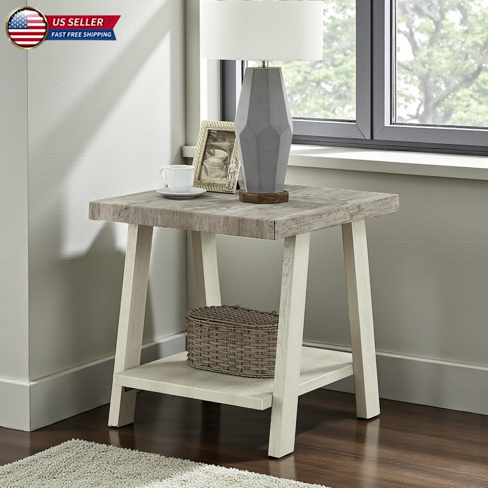 Hassch 2-Tier Rectangular Side Table, Weathered Gray & Beige Finish MDF ...