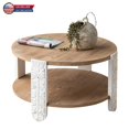 thumbnail image 1 of Hassch 2-Tier Round Coffee Table with Carved White Legs and Natural Brown Top, 31.5" Modern Farmhouse Circle Center Table for Living Room, Easy to Assemble, 1 of 6