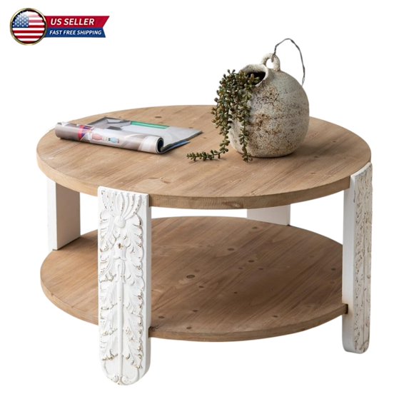 Hassch 2-Tier Round Coffee Table with Carved White Legs and Natural Brown Top, 31.5" Modern Farmhouse Circle Center Table for Living Room, Easy to Assemble