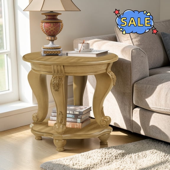 Hassch 2-Tier Round End Table, Modern Side Table with Storage Shelf, Nightstand for Small Space, Living Room, Bedroom, Antique Natural