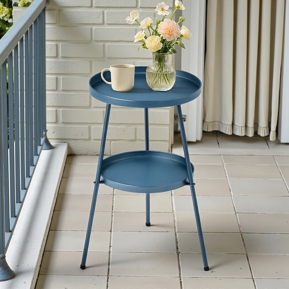 Hassch 2-Tier Round Metal Side Table, 12.6" Top Tray Indoor Outdoor Patio End Table with Adjustable Non-Slip Feet, Space-Saving Accent Table for Balcony Living Room, Navy Blue