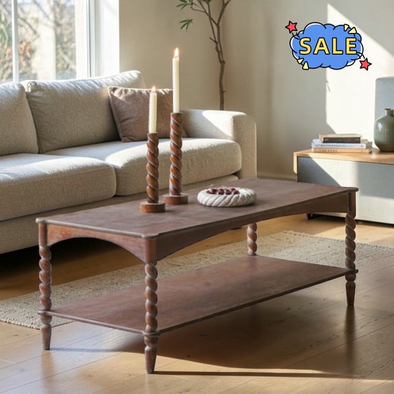 Hassch 2-Tier Rustic Coffee Table, 47 Inch Rectangle Center Table with Storage Shelf for Living Room, Easy Assembly, Brown