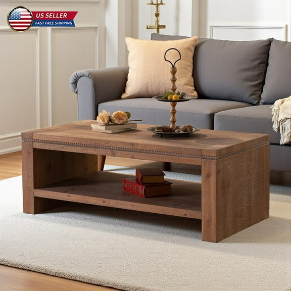 Hassch 2-Tier Rustic Rectangle Coffee Table, 47.2" Solid Wood Center Tea Table with Open Shelf, for Living Room & Home Decor (Natural)