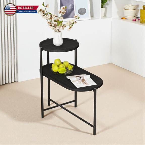 Hassch 2-Tier Side Table, Black Accent Tray Table with Spacious Storage, Adjustable Footpads for Living Room, Office, or Bedroom, 27.55"L x 13.66"W x 27.75"H
