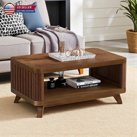 Hassch 2-Tier Solid Wood Coffee Table with MDF Veneer, Rounded Corners, Open Storage Shelf, Rectangle Center Table in Walnut Finish, 41.53"L x 25"W x 19.09"H