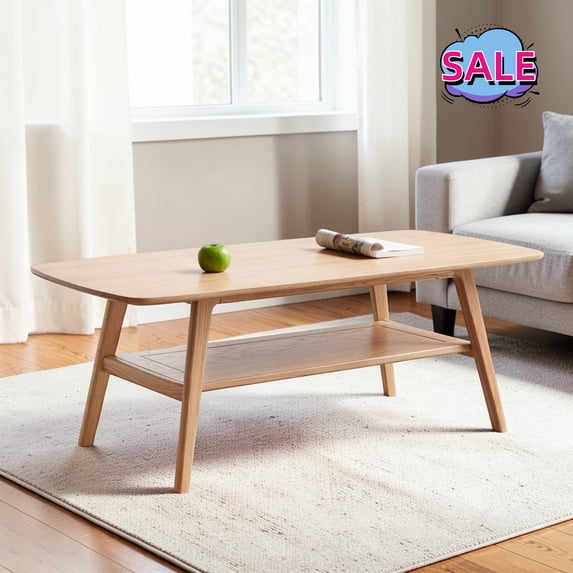 Hassch 2-Tier Solid Wood Coffee Table with Open Shelf, Modern Cocktail Table, 39.3" Center Table for Living Room, Oak