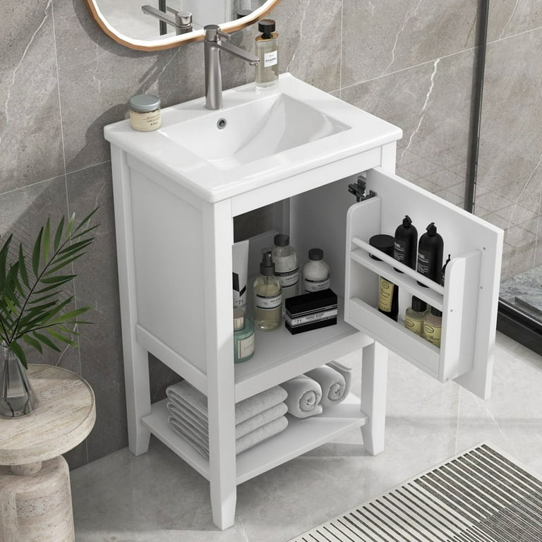Hassch 20 Bathroom Vanity with Sink Bathroom Cabinet with Single Soft Closing Door Storage Rack and Open Shelf White