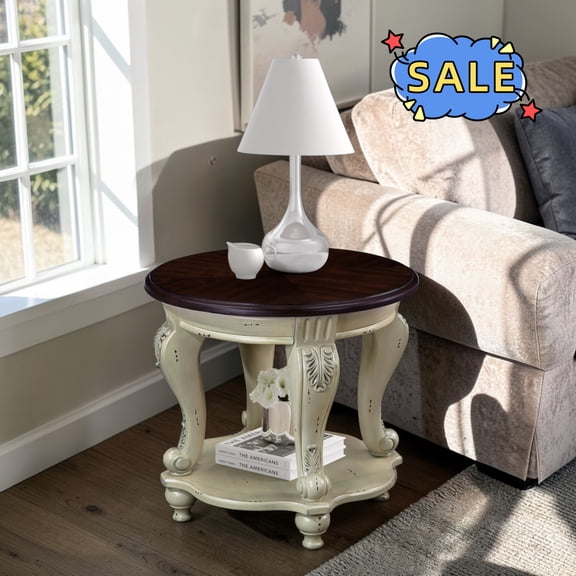 Hassch 22 Inch Round End Table with Storage Shelf, 2-Tier Sofa Side Table for Living Room, Bedroom, Easy Assembly, Beige
