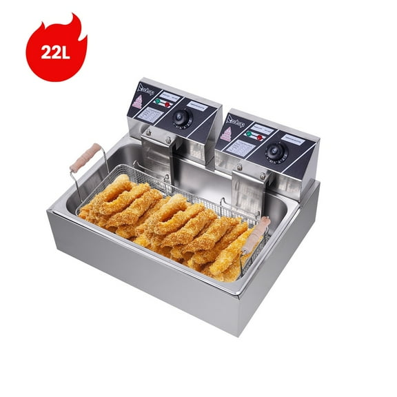 Hassch 22L Electric with Baskets and Lid, Stainless Steel Countertop Electric Oil Fryer for Kitchen Restaurant Use, Silver