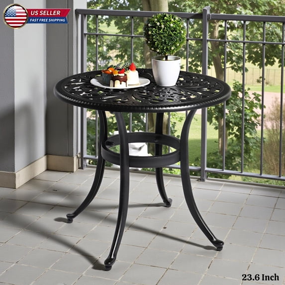 Hassch 23.6-Inch Cast Aluminum Round Patio Table in Black, Outdoor Bistro Table with Phoenix Pattern, 2" Umbrella Hole, Adjustable Feet, Easy Assembly